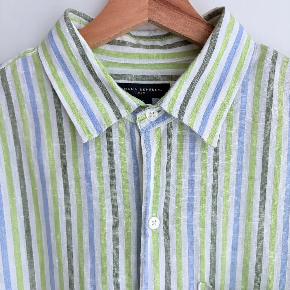 Banana Republic Mens L Linen Striped Button Front Shirt Long Sleeve Green Blue